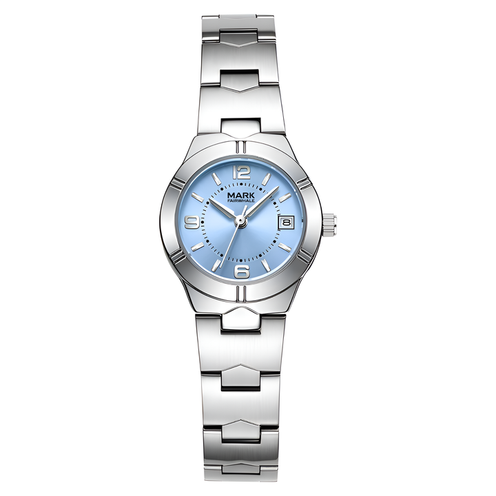 Mark Fairwhale FW 3820 women’s quartz watch with blue dial and stainless steel bracelet, date display