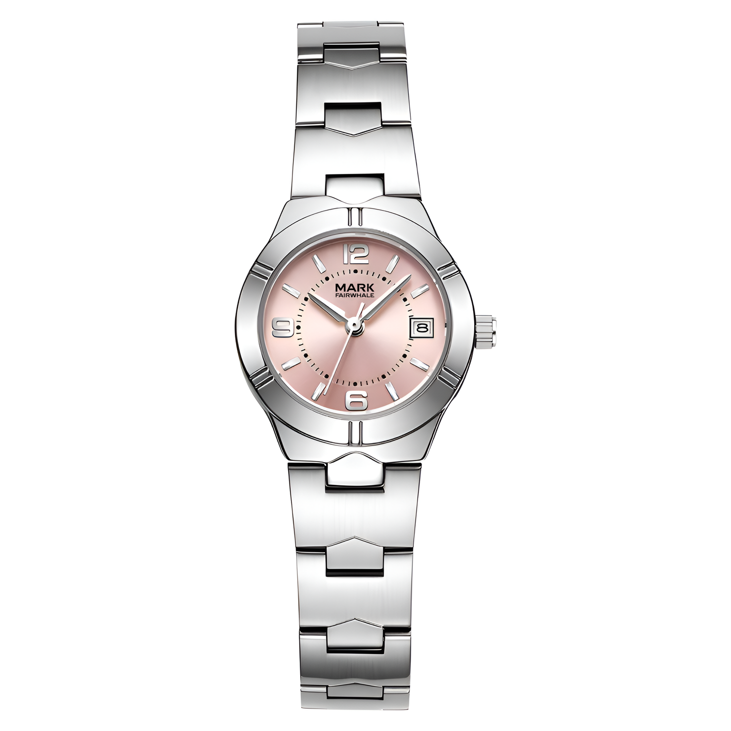 Mark Fairwhale FW 3820 women’s quartz watch with pink dial and stainless steel bracelet, front view with date