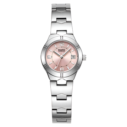 Mark Fairwhale FW 3820 women’s quartz watch with pink dial and stainless steel bracelet, front view with date