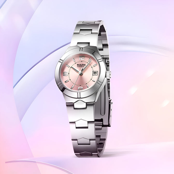 Mark Fairwhale FW 3820 women’s quartz watch with pink dial and stainless steel bracelet, date display
