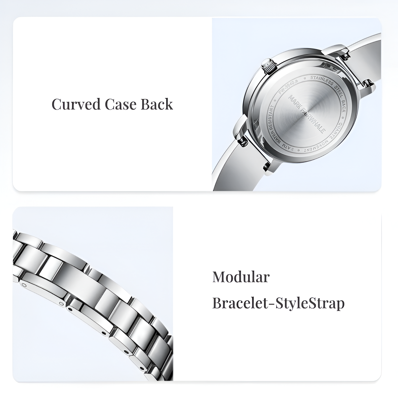 Curved case back detail of Mark Fairwhale FW-3840 women’s quartz watch for comfortable fit