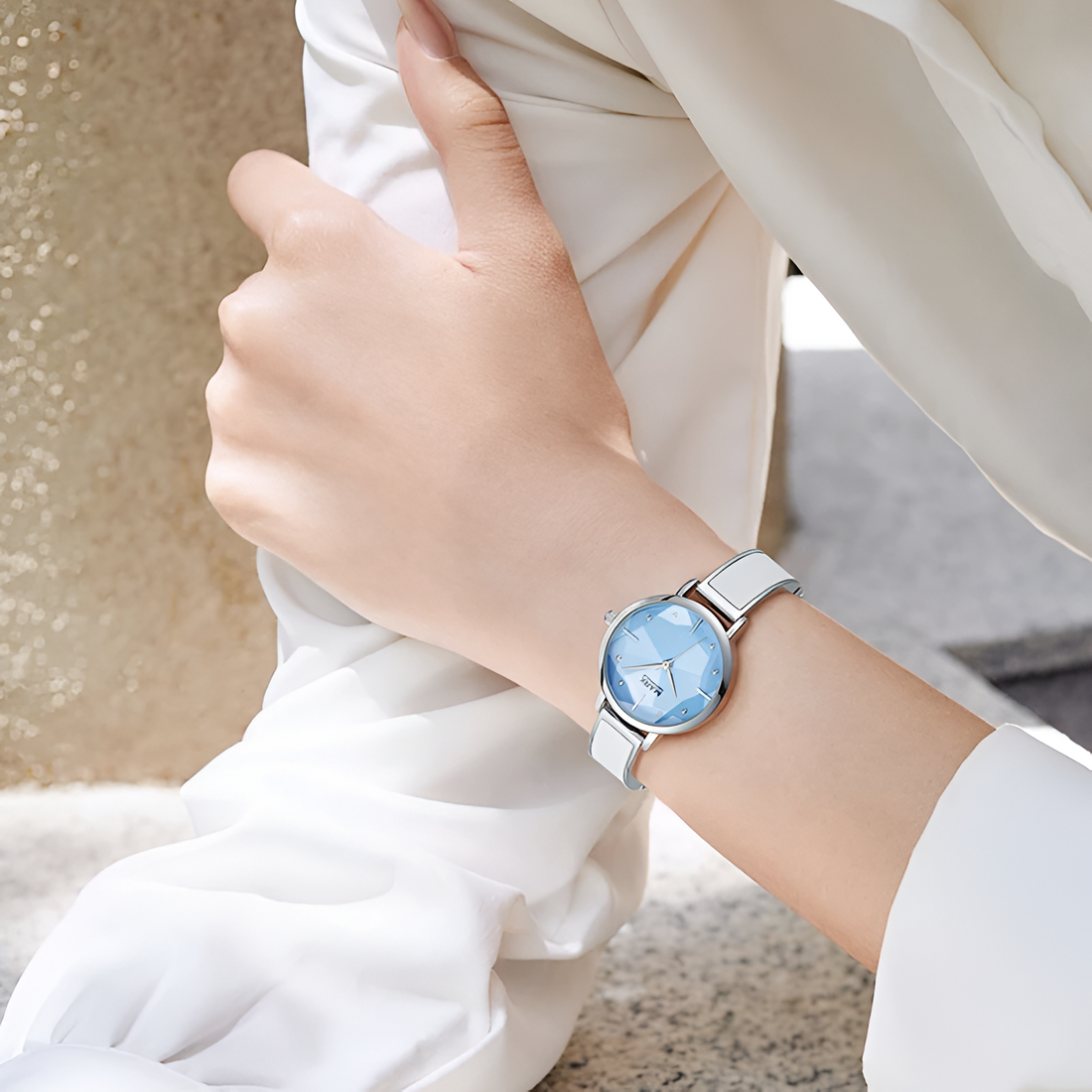 Mark Fairwhale FW-3840 Starry Sky women’s watch worn on wrist with elegant casual outfit