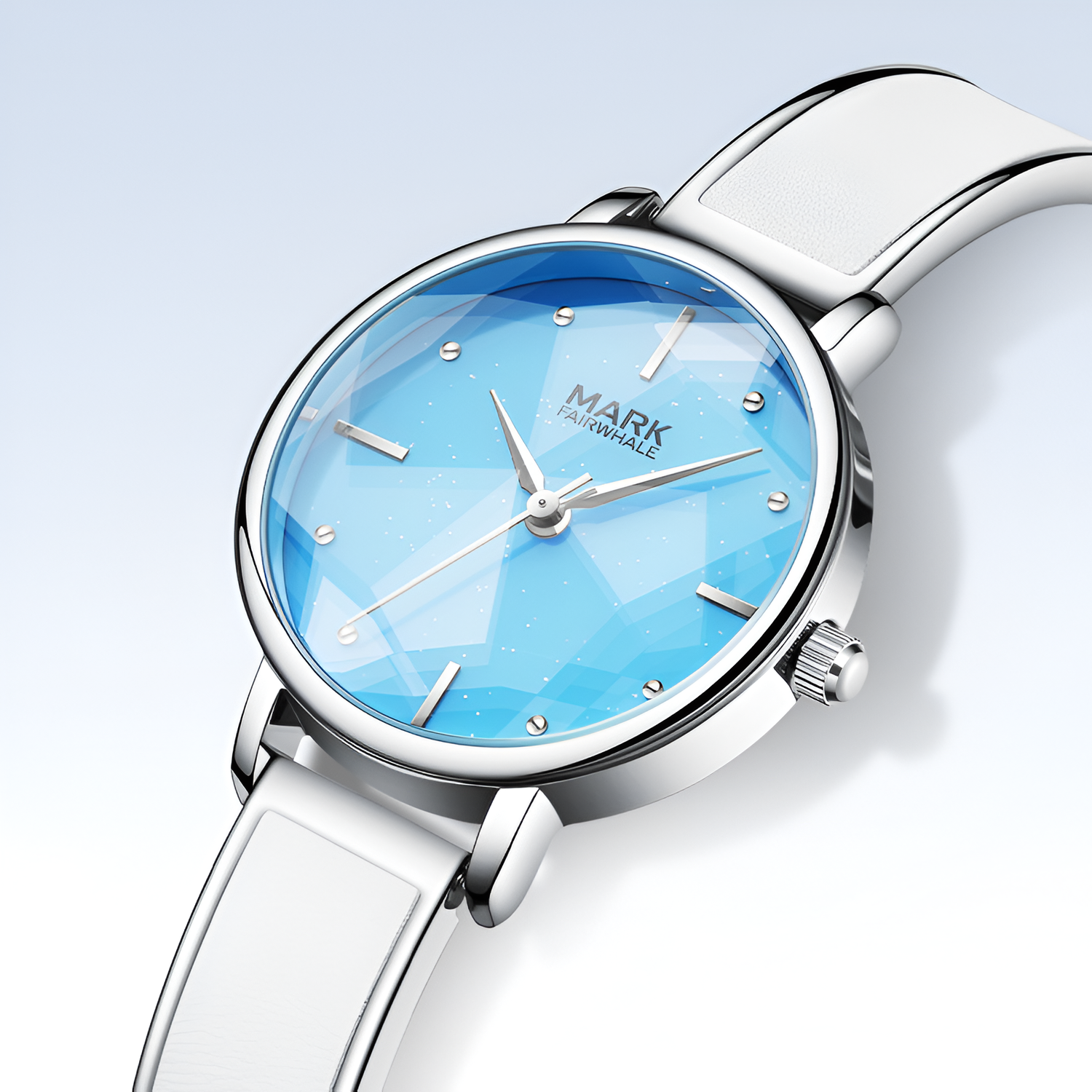 Close-up of Mark Fairwhale FW-3840 Starry Sky dial with geometric pattern and crystal markers