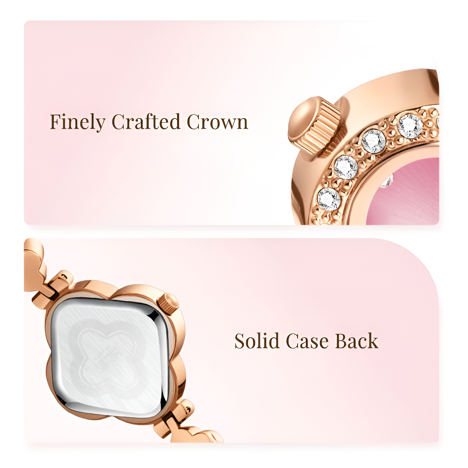 Mark Fairwhale FW-3860 LUXORA crown and solid case back close-up with rose gold finish