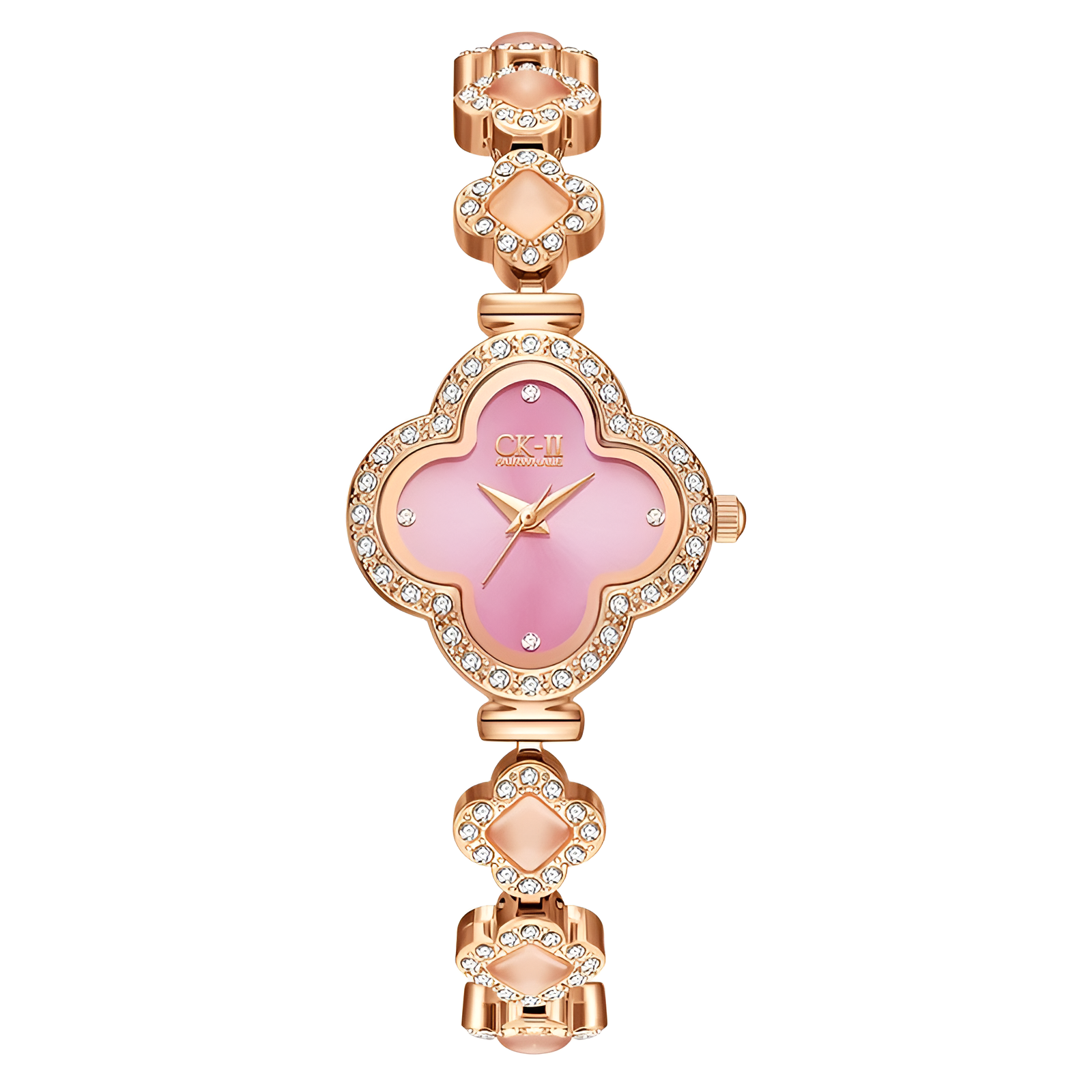 Mark Fairwhale FW-3860 LUXORA women’s quartz watch with pink clover dial and rose gold crystal case