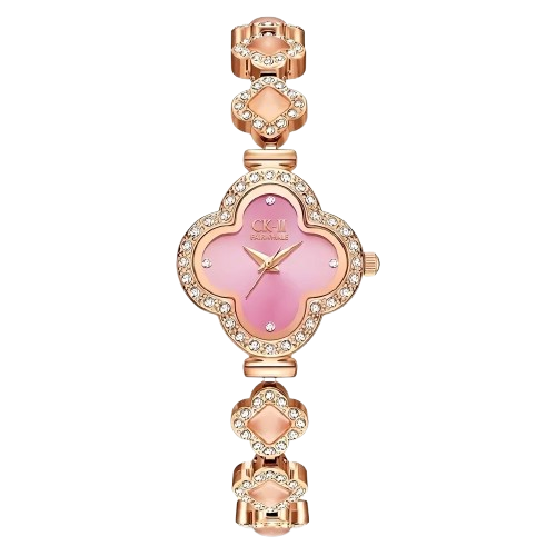Two clover-shaped watches, pink and mother-of-pearl