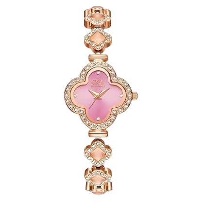 Two clover-shaped watches, pink and mother-of-pearl