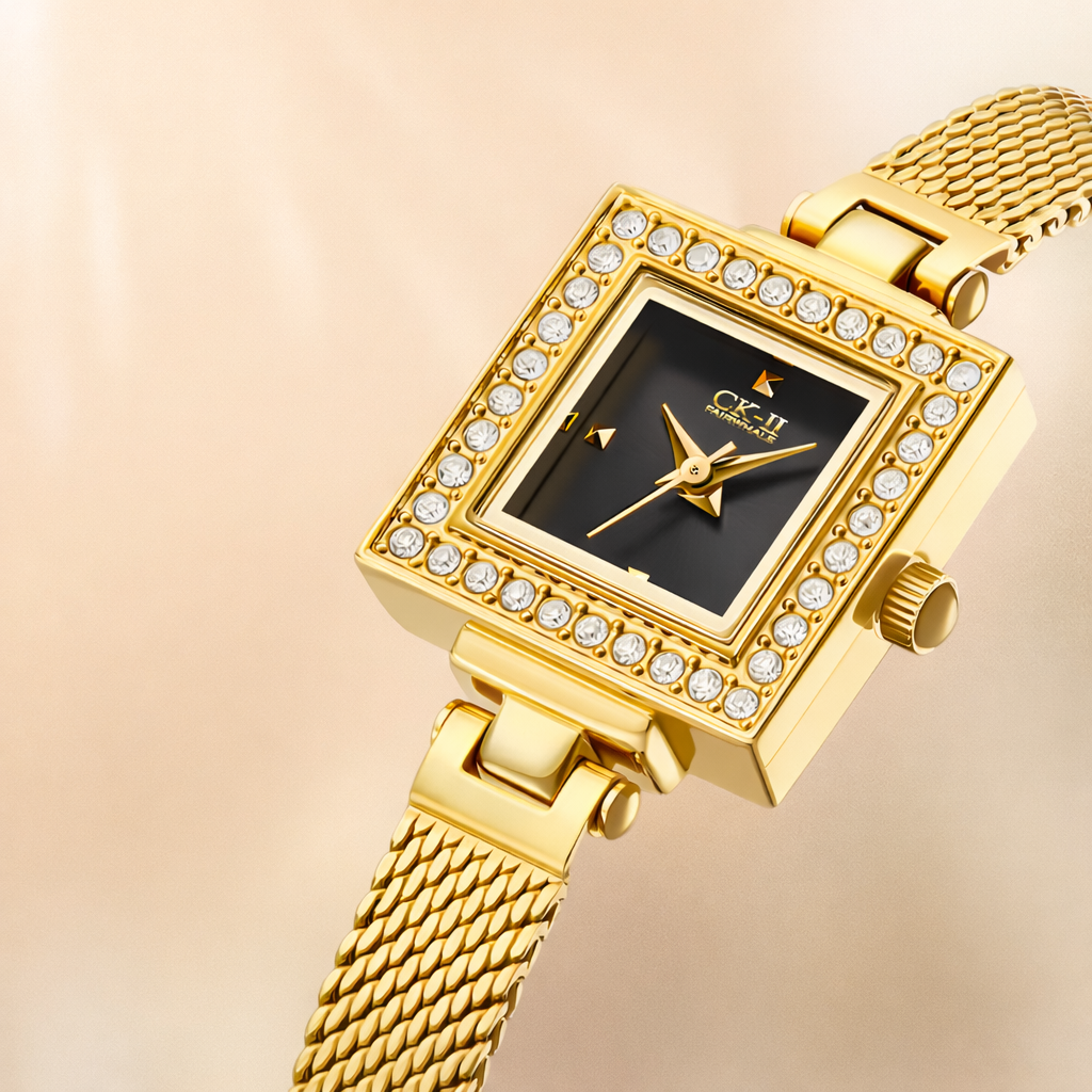 Mark Fairwhale FW-3870 Celesta women’s square watch with black dial and crystal bezel