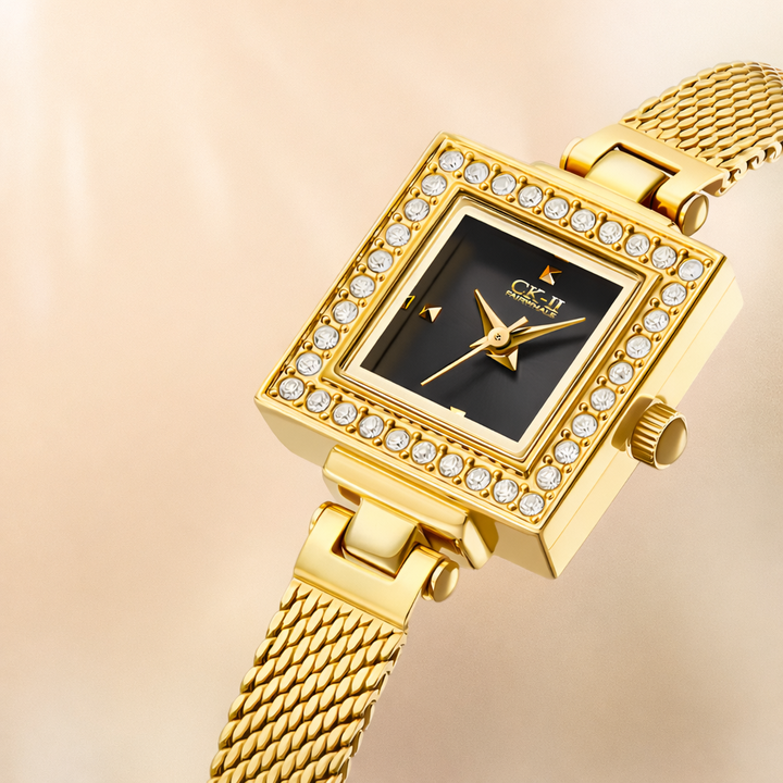 Mark Fairwhale FW-3870 Celesta women’s square watch with black dial and crystal bezel