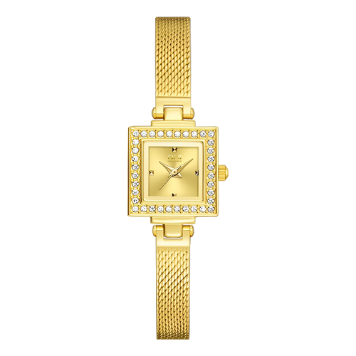Fairwhale FW-3870 Women’s - Top-down view, gold watch, black dial, diamond bezel