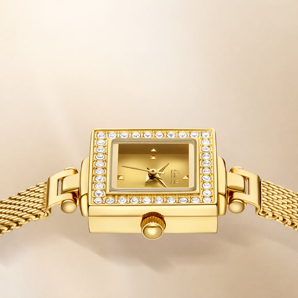 Mark Fairwhale FW-3870 Celesta women’s square gold quartz watch with diamond-encrusted bezel