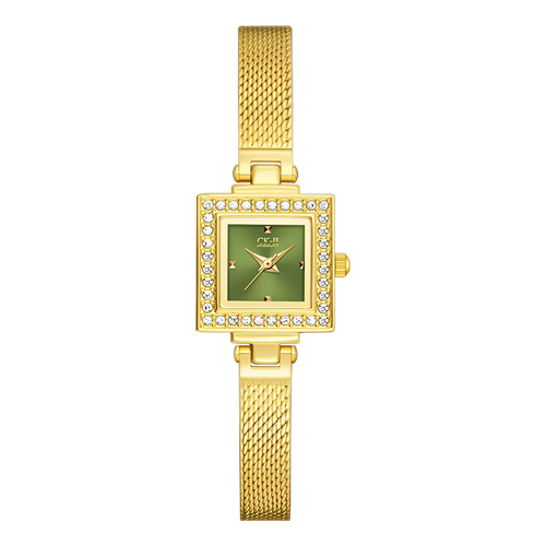 Fairwhale FW-3870 Women’s - Gold watch, square face, green dial, mesh strap