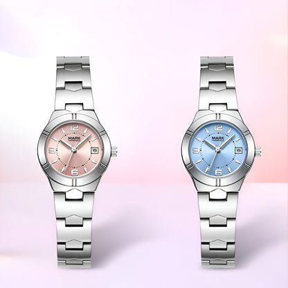 Mark Fairwhale FW 3820 women’s quartz watch variants comparison with pink dial and blue dial stainless steel models
