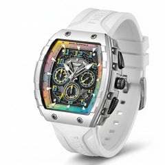 Mark Fairwhale FW-5001 TO - White watch, side view with pushers, rubber strap