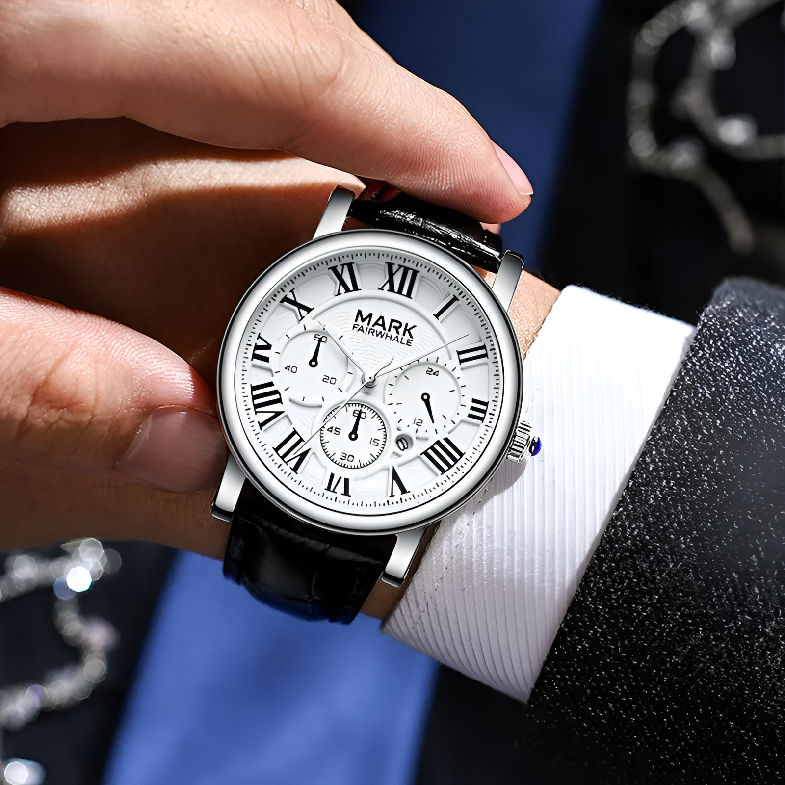 Mark Fairwhale FW-5026 quartz watch for men on wrist, white Roman numeral dial, black leather strap