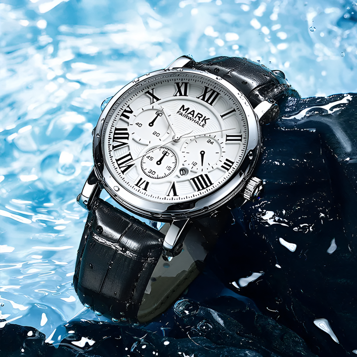 Mark Fairwhale FW-5026 quartz watch for men in water splash scene, white Roman numeral dial, black leather strap