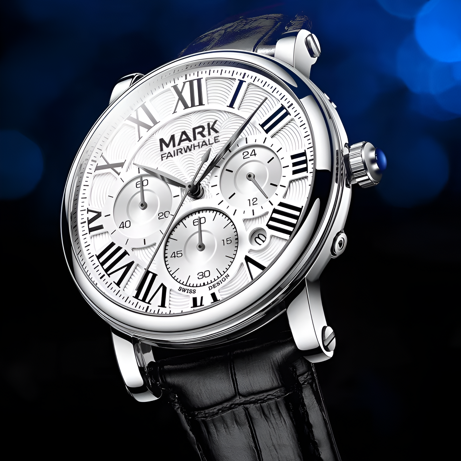Mark Fairwhale FW-5026 Quartz watch angled close-up, white Roman numeral dial, black leather strap