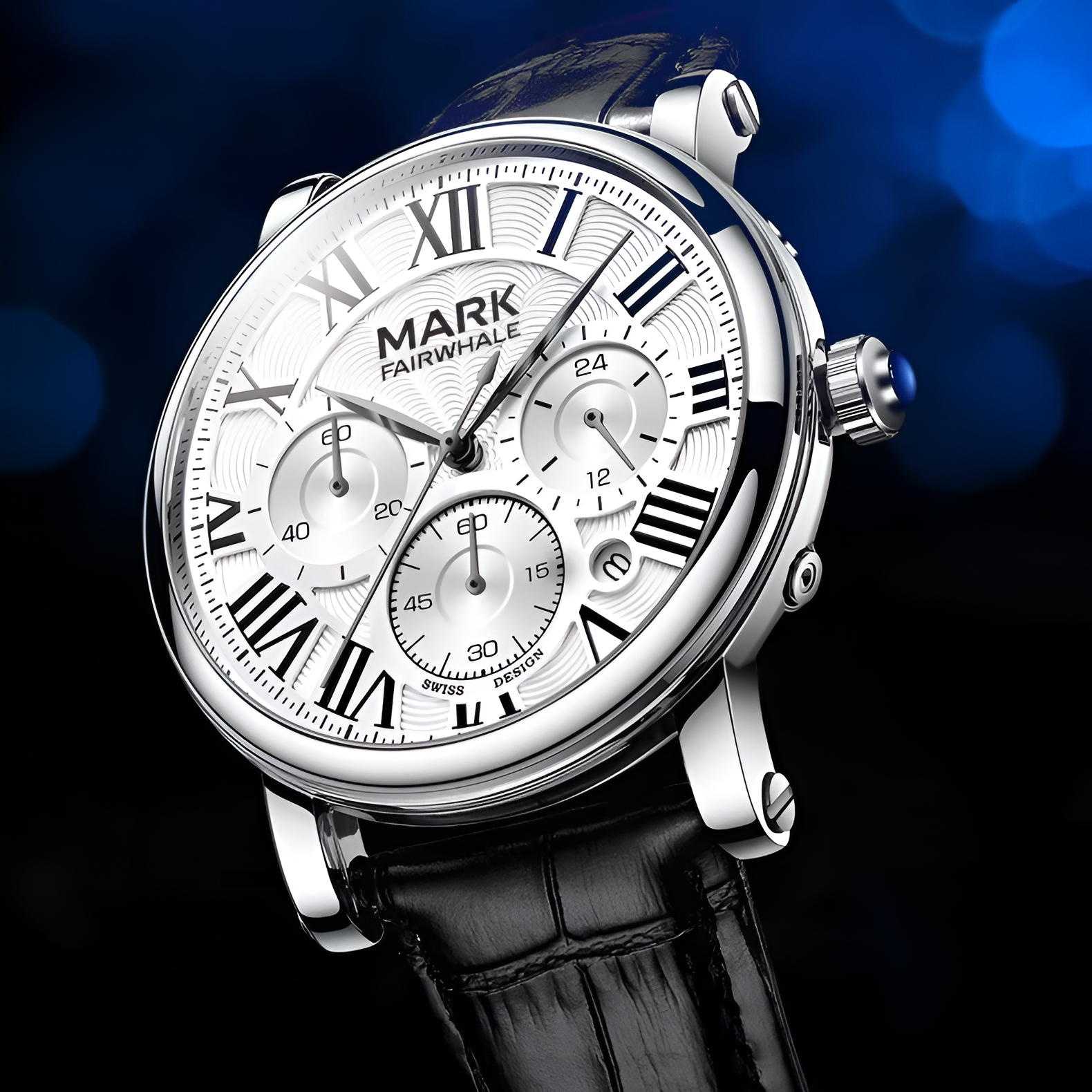 Mark Fairwhale FW-5026 Quartz watch angled close-up, white Roman numeral dial, black leather strap