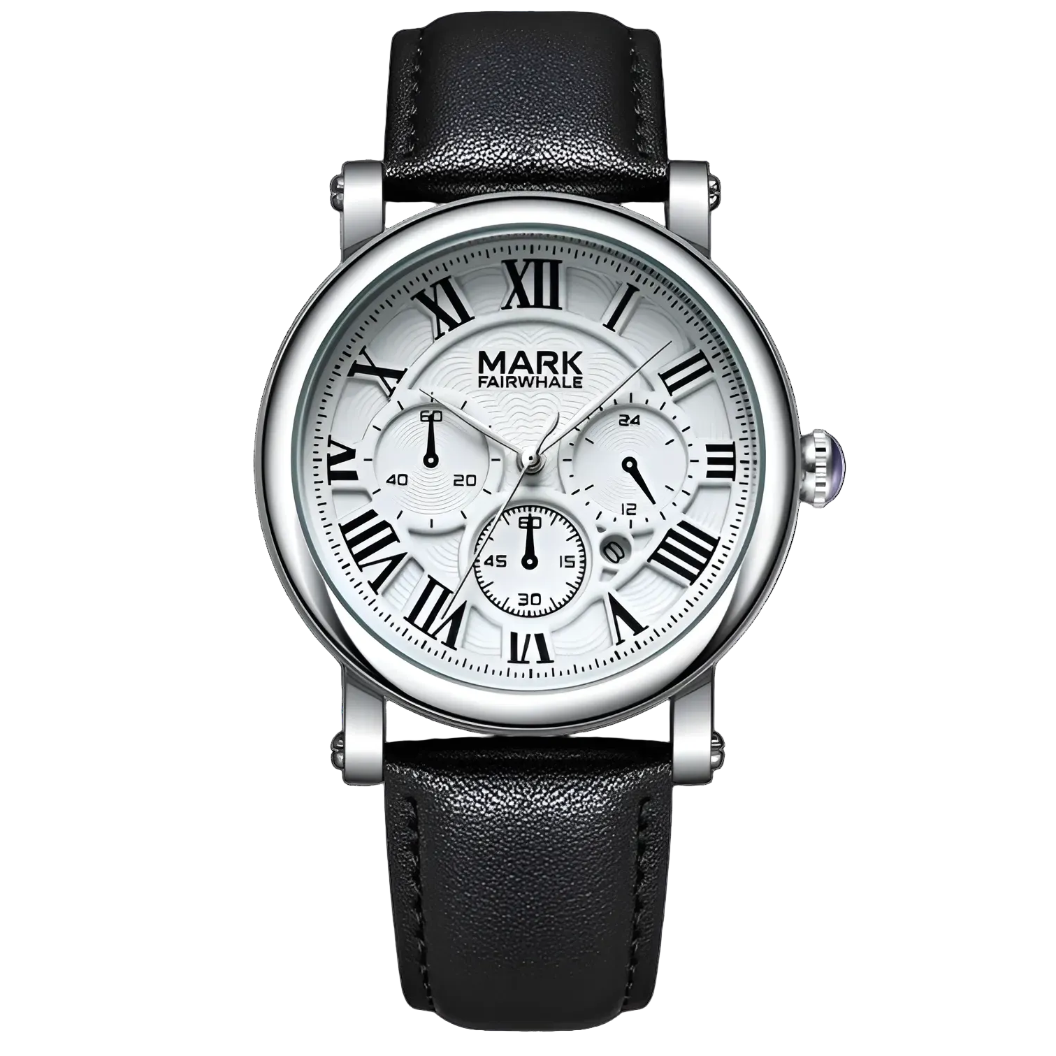 Mark Fairwhale FW-5026 Quartz watch for men, Roman numeral dial, silver case, black leather strap, calendar