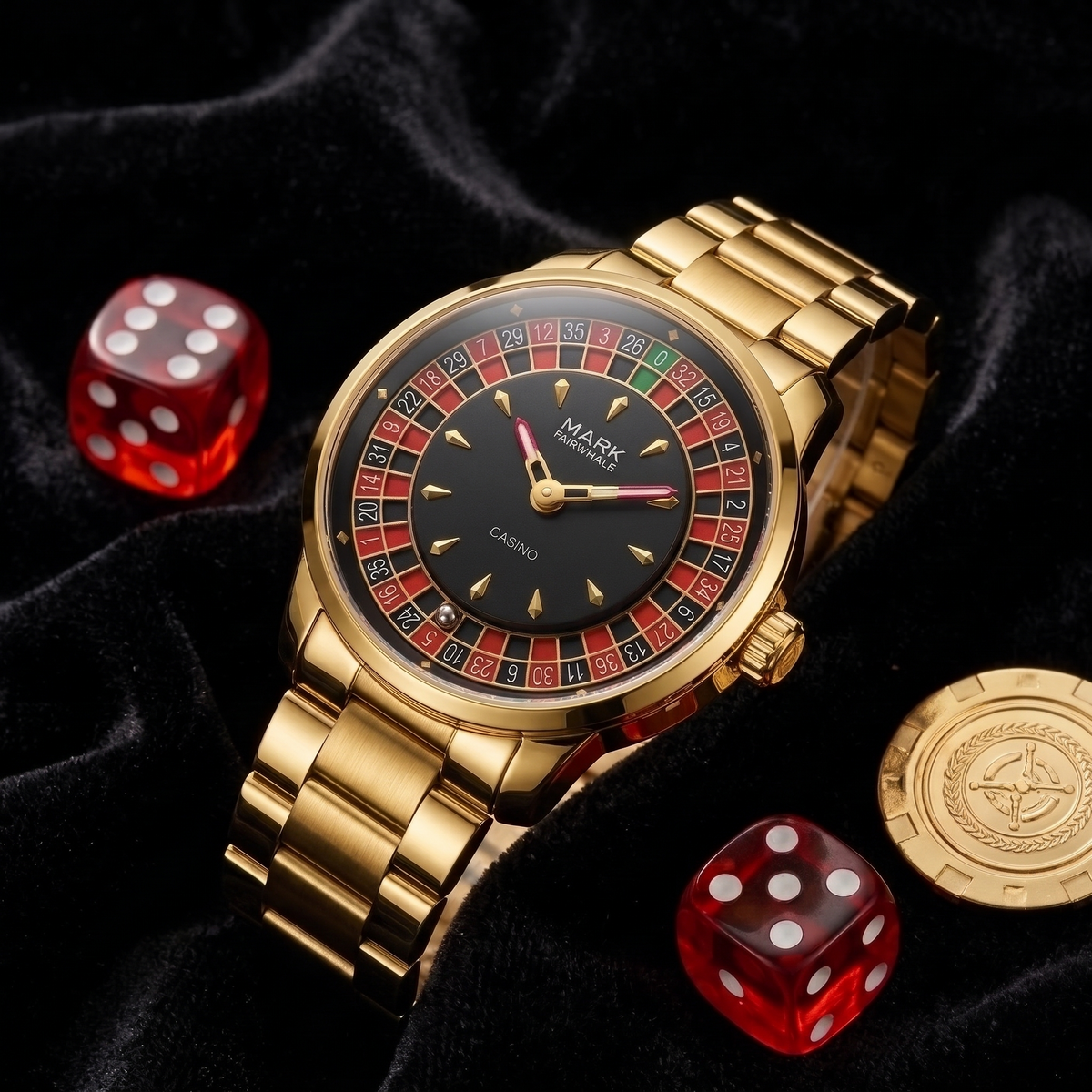 Mark Fairwhale FW-5031 ROULETTE AUREUS - gold bracelet watch with red dice on black velvet