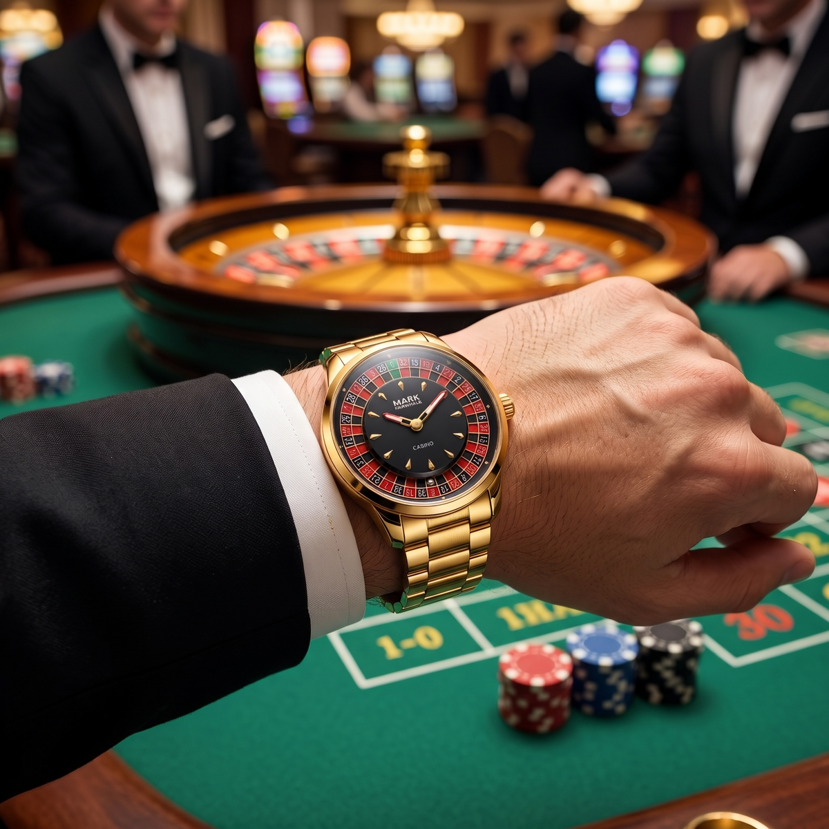 Mark Fairwhale FW-5031 ROULETTE AUREUS - gold roulette watch worn on the wrist at a casino table