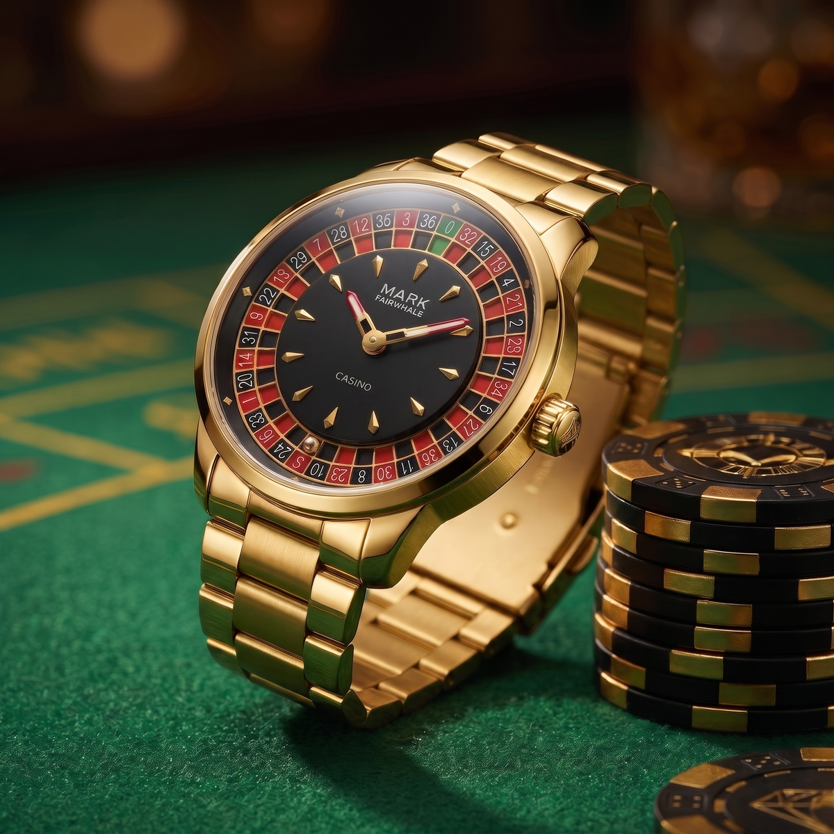 Mark Fairwhale FW-5031 ROULETTE AUREUS - three-quarter view on green casino felt with chips