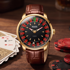 Mark Fairwhale FW-5031 ROULETTE CLASSICO - gold case brown leather strap three-quarter view with playing cards