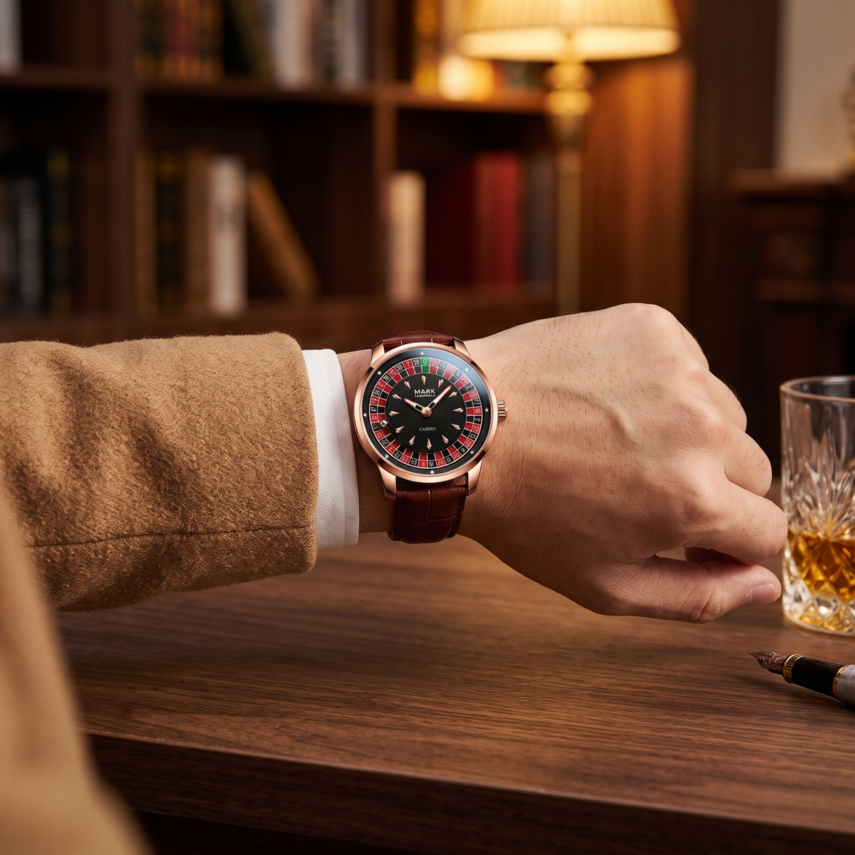 Mark Fairwhale FW-5031 ROULETTE CLASSICO - rose gold roulette watch worn on the wrist at a walnut desk