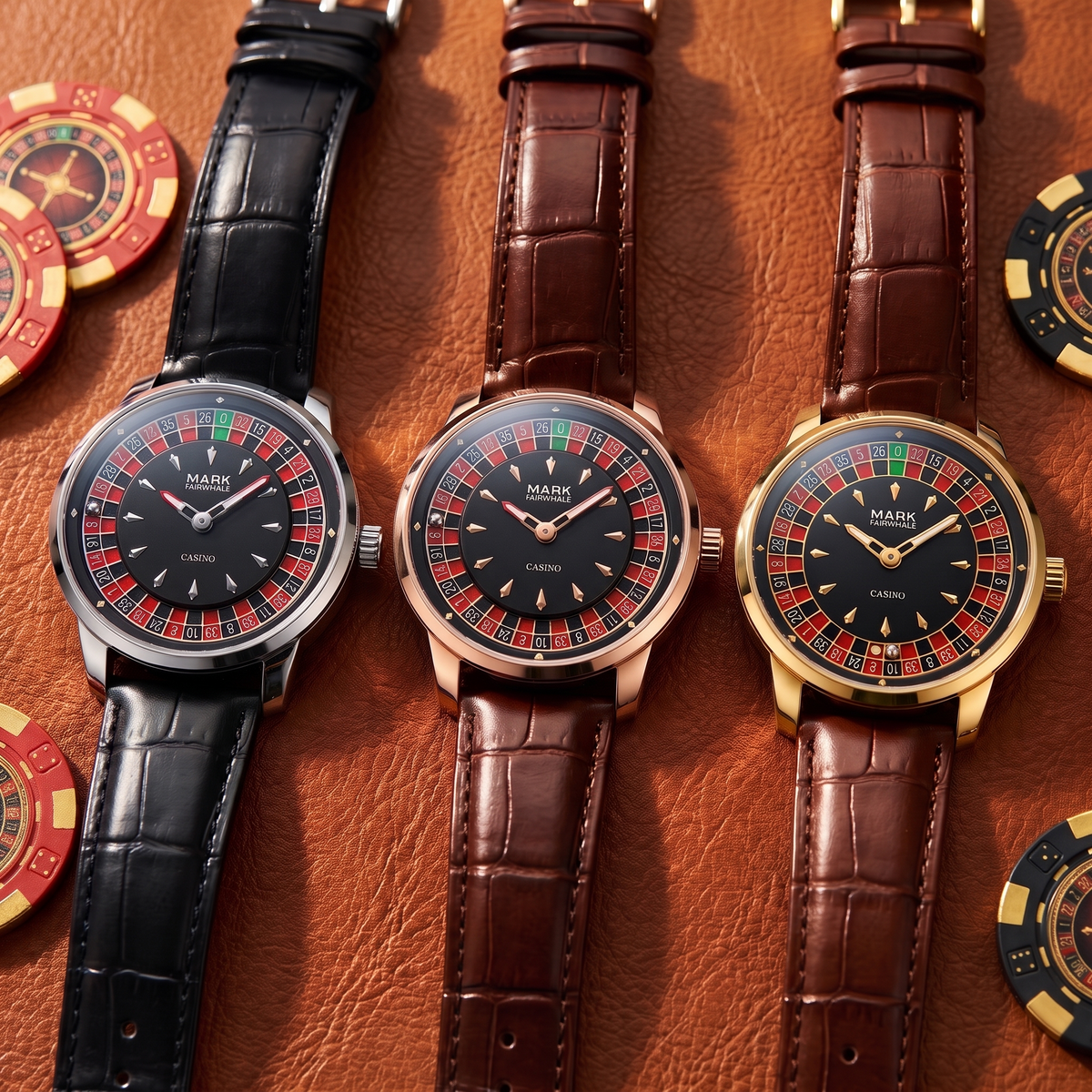 Mark Fairwhale FW-5031 ROULETTE CLASSICO - silver, rose gold and gold roulette watches on leather