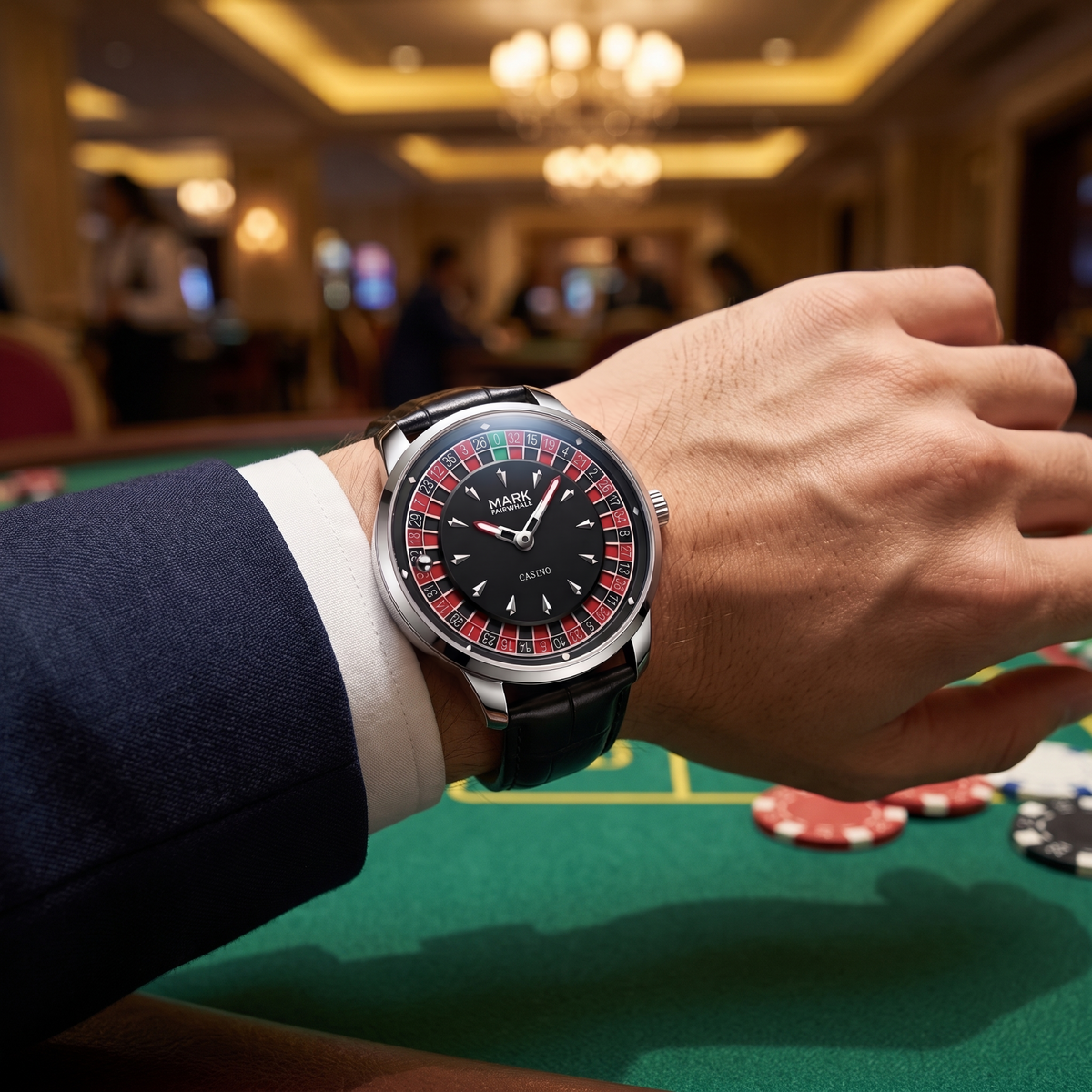 Mark Fairwhale FW-5031 ROULETTE CLASSICO - silver roulette watch worn at a casino card table