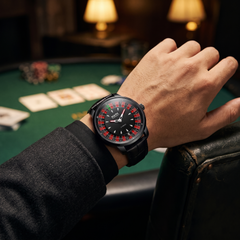 Mark Fairwhale FW-5031 ROULETTE PANTHERA - black leather strap roulette watch worn in a private card room