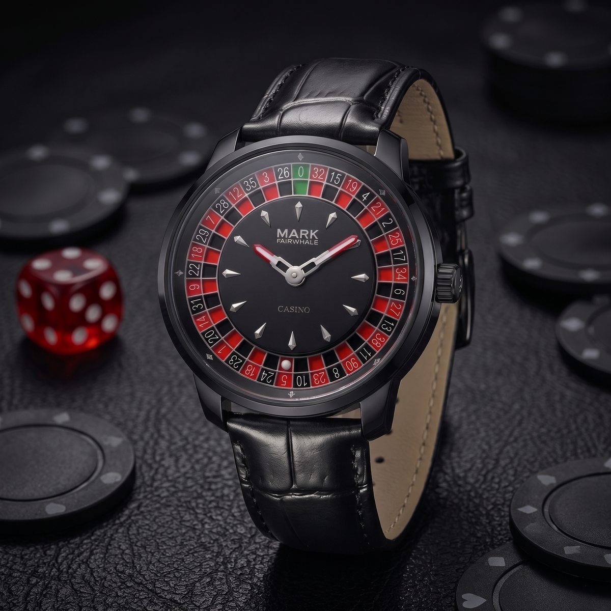 Mark Fairwhale FW-5031 ROULETTE PANTHERA - black leather strap three-quarter view with poker chips