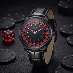 Mark Fairwhale FW-5031 ROULETTE PANTHERA - black leather strap three-quarter view with poker chips