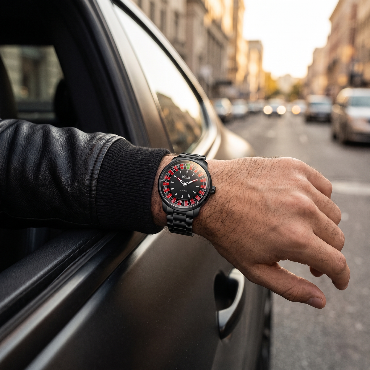 Mark Fairwhale FW-5031 ROULETTE PANTHERA - black roulette watch worn on the wrist at a car window