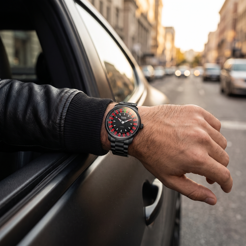 Mark Fairwhale FW-5031 ROULETTE PANTHERA - black roulette watch worn on the wrist at a car window