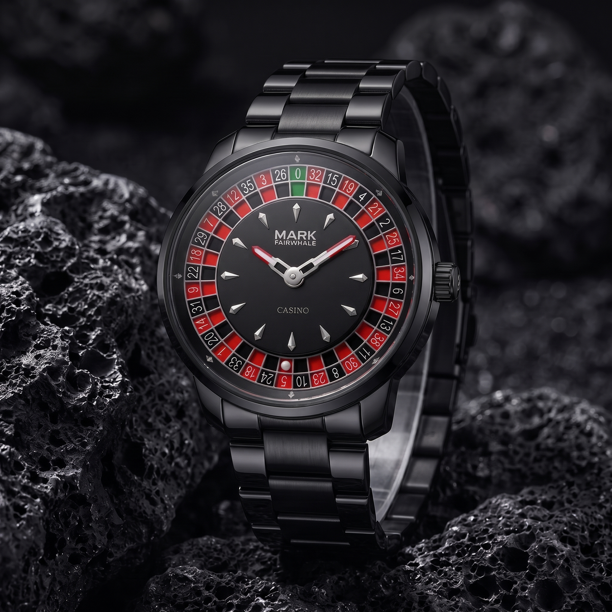 Mark Fairwhale FW-5031 ROULETTE PANTHERA - black steel bracelet three-quarter view on volcanic stone