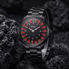 Mark Fairwhale FW-5031 ROULETTE PANTHERA - black steel bracelet three-quarter view on volcanic stone