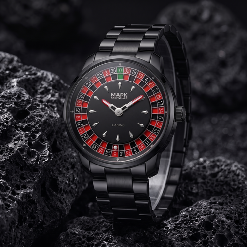 Mark Fairwhale FW-5031 ROULETTE PANTHERA - black steel bracelet three-quarter view on volcanic stone