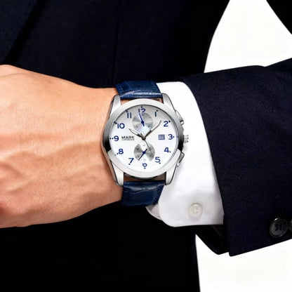 Men wearing a Quartz Watch with leather strap and waterproof design