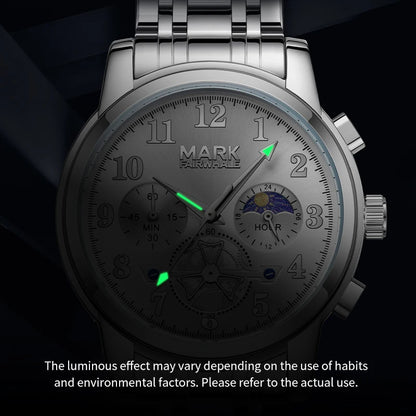 Luminous hands on men’s quartz watch for night visibility