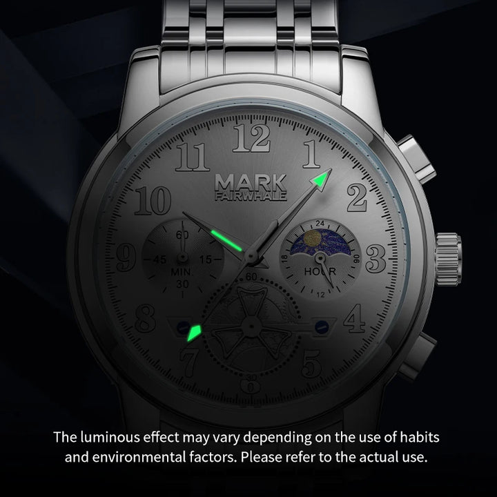 Luminous hands on men’s quartz watch for night visibility