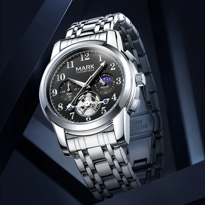 Side view of Mark Fairwhale men’s quartz watch with polished case