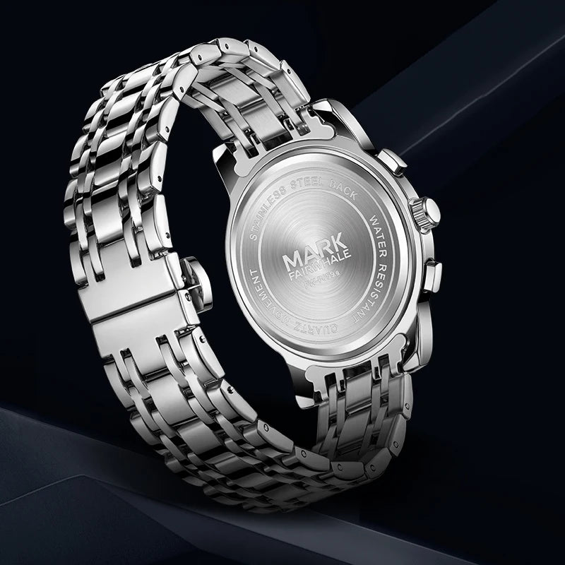 Back view of men’s quartz watch with solid case and stainless bracelet