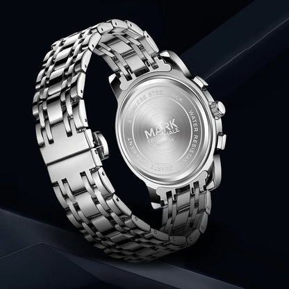 Back view of men’s quartz watch with solid case and stainless bracelet