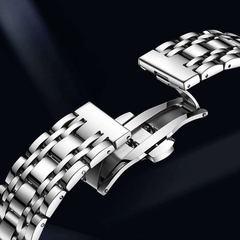 Back view of men’s quartz watch with solid case and stainless bracelet