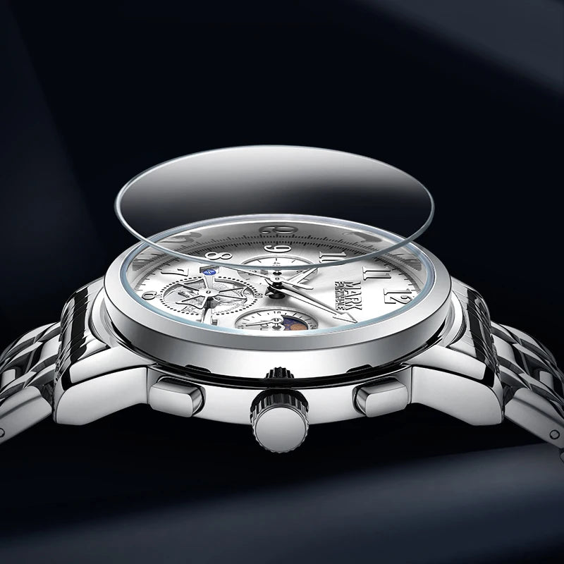 Back view of men’s quartz watch with solid case and stainless bracelet