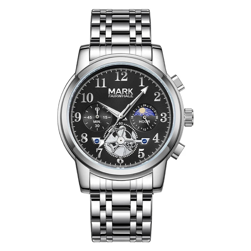 Men’s quartz watch with moon phase display and stainless steel bracelet