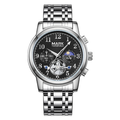 Men’s quartz watch with moon phase display and stainless steel bracelet