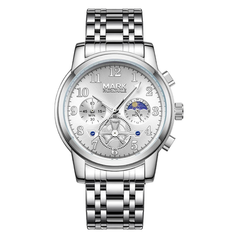 Men’s quartz watch with moon phase display and stainless steel bracelet