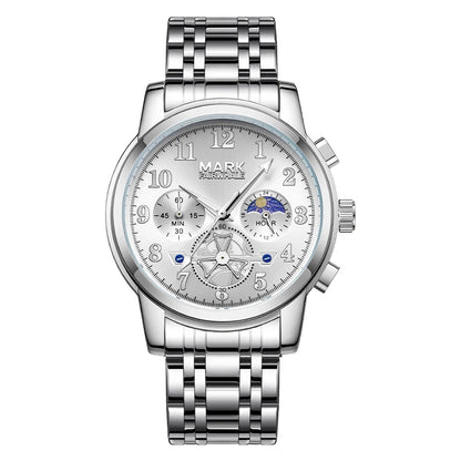 Men’s quartz watch with moon phase display and stainless steel bracelet